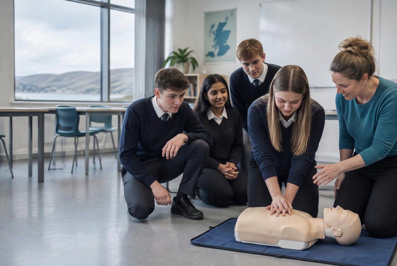 Senior secondary pupils practising CPR with an instructor in a Scottish classroom